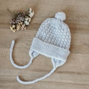 Handmade Knit Cuffed Beanie with Ties and Pom Pom